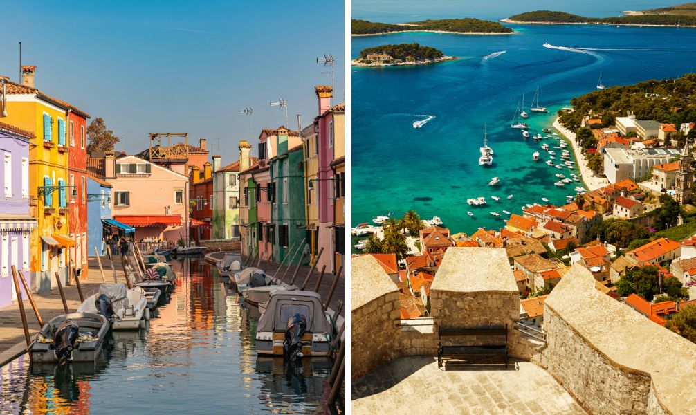Ein malerischer Städtevergleich für deine Urlaubsplanung: Links die farbenfrohen, bunten Hausfassaden entlang eines Kanals auf der italienischen Insel Burano bei Venedig mit kleinen Booten, rechts der Blick von einer historischen Festungsmauer auf die roten Dächer der kroatischen Stadt Hvar und die vorgelagerte Inselwelt in der tiefblauen Adria. Finde heraus, welches Urlaubsland am Meer am besten zu dir passt. Buche deinen Italien oder Kroatien Urlaub flexibel mit Eigenanreise oder als bequeme Pauschalreise mit Fluginklusive unserer bewährten Bestpreisgarantie direkt online bei der Restplatzbörse.