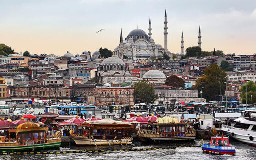Bunte Fisch-Sandwich-Boote im Hafen Istanbuls, im Hintergrund thront die Süleymaniye-Moschee auf einem Hügel © diak / Shutterstock.com