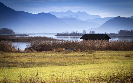 Der Chiemsee im Herbst mit Blick auf die Bayrischen Alpen, Deutschland © haraldmuc / shutterstock.com
