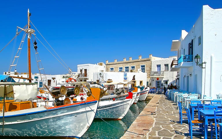 Die Hafenpromenade des Fischerorts Naoussa im Norden der Insel Paros © Nikos Psychogios  / Shutterstock.com
